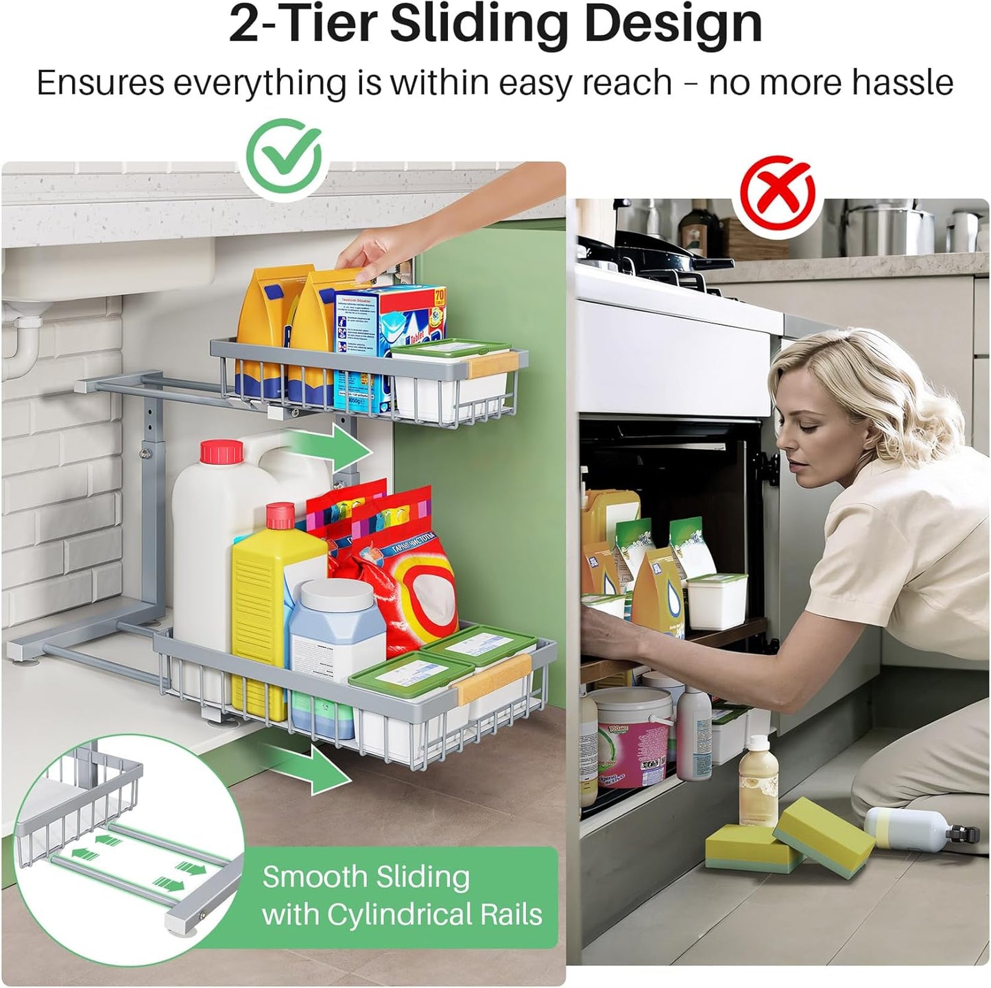 Under Sink Organizer, 2 Packs 2 Tier Under Sink Organizers and Storage, Slide out Pull out Cabinet Organizer Shelf, Metal Sliding Drawer for Kitchen Bathroom Pantry Closet Rack(Grey)