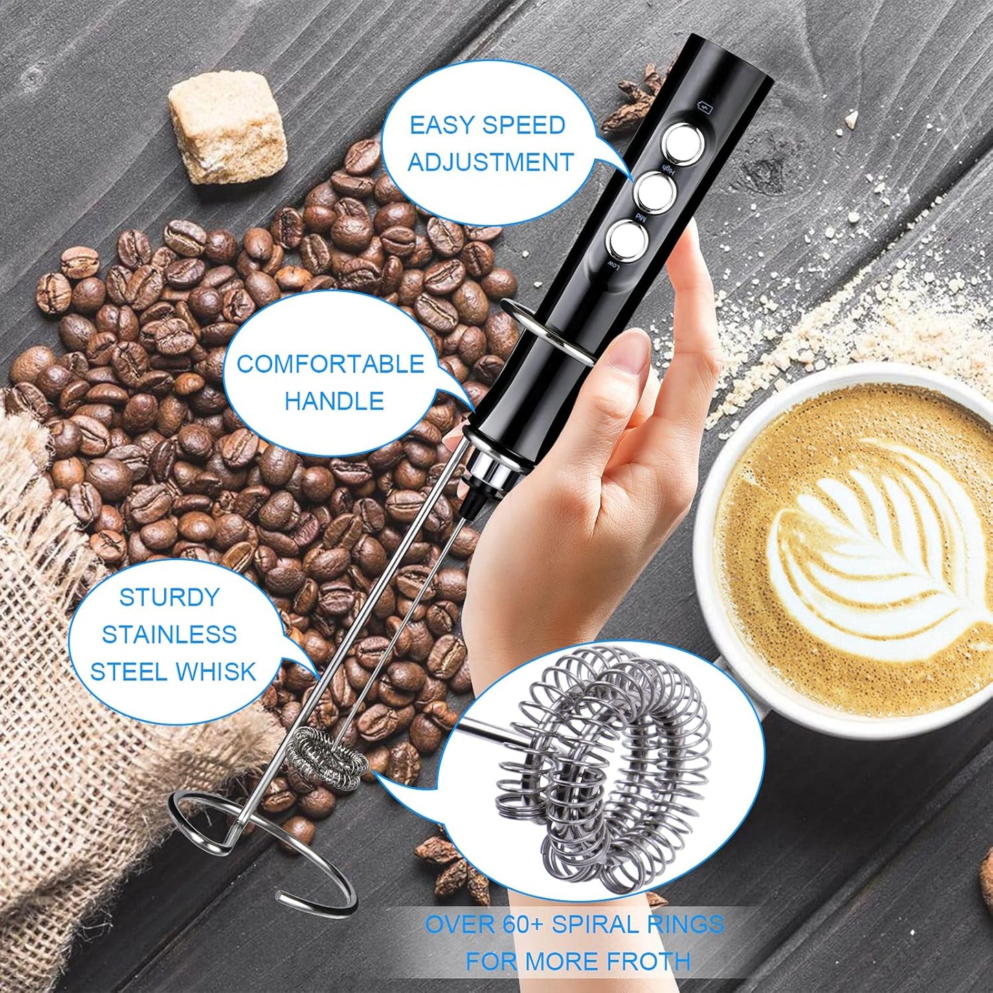 WanderLand Rechargeable Handheld Milk Frother Wand for Coffee,Drink Mixer with Stainless 2 Whisks, Electric Whisk 3 Speeds Adjustable, for Latte, Cappuccino, Hot Chocolate (Black)