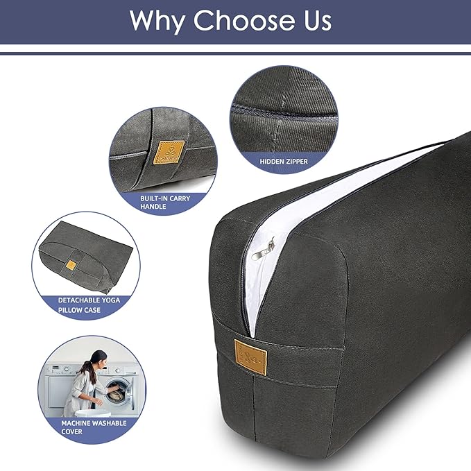 Organic Buckwheat Bolster (24X10.5X5.5 in) Supportive Rectangular Meditation Pillow 100% Cotton Cover Yoga Pillow