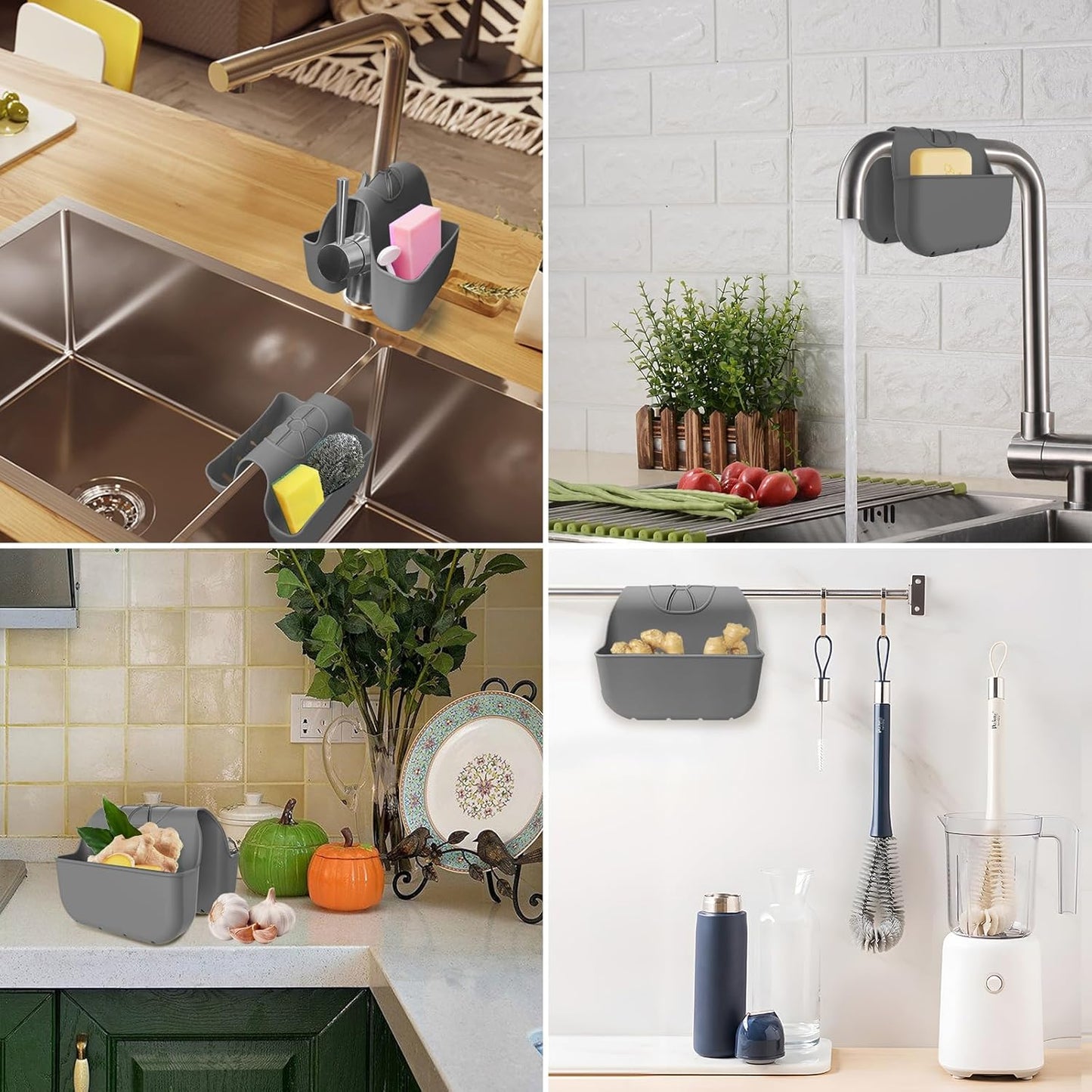 Sponge Holder for Kitchen Sink, Silicone Sink Saddle Caddy Organizer Rack, Sponges Holder Over Faucet, Hanging Kitchen Organizer Accessories Rack Basket Dark Gray
