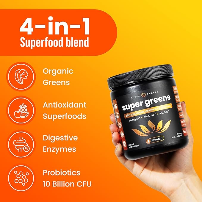 NutraChamps Super Greens Powder Premium Superfood | 20+ Organic Green Veggie Whole Foods | Wheat Grass, Spirulina, Chlorella | Antioxidant, Digestive Enzyme & Probiotic Blends (9.0 OZ, Mango)