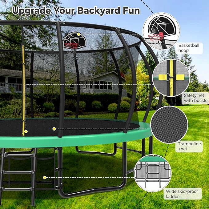 10 12 14 15 16FT Outdoor Trampolines for Kids and Adults, Pumpkin Trampoline with Curved Poles, Recreational Trampoline with Basketball Hoop and Safety Enclosure Net for Kids and Adults