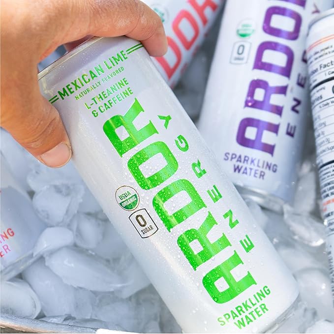 ARDOR Sparkling Water with 100mg Natural Caffeine & 200mg L-Theanine from Organic Green Tea for Smooth Energy & Focus | No Sugar, 0 Calories | Vegan, Gluten-Free | Mexican Lime - 12 Ct