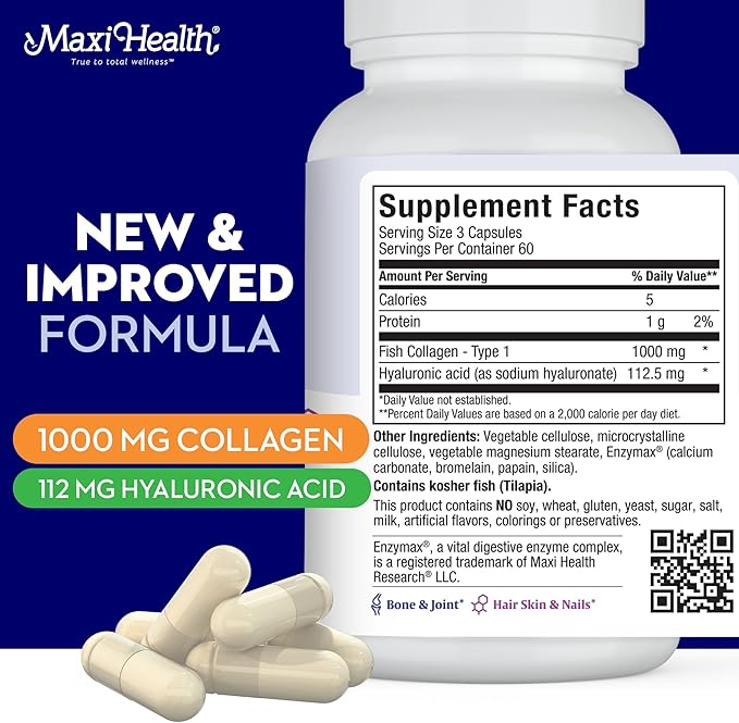 Maxi Health Marine Collagen Pills – 1000 mg Type 1 Collagen for Women & Men with Hyaluronic Acid Supplement for Joint & Skin Support – Unflavored, Clean Kosher Capsules (180 Maxicaps)