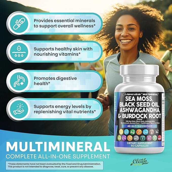 Clean Nutraceuticals Sea Moss Black Seed Oil Ashwagandha Turmeric Bladderwrack Burdock & Vitamin C Vitamin D3 with Elderberry Manuka Dandelion Yellow Dock Iodine Chlorophyll ACV