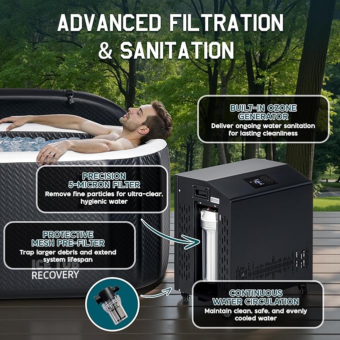 Albott Cold Plunge Tub with 1HP Chiller, Inflatable Ice Bath Tub with App Control, UV/Ozone System, Insulated Lid & Wheels, Full-Body Recovery Tub for Athletes, 150 Gal, 59"x32"x28"