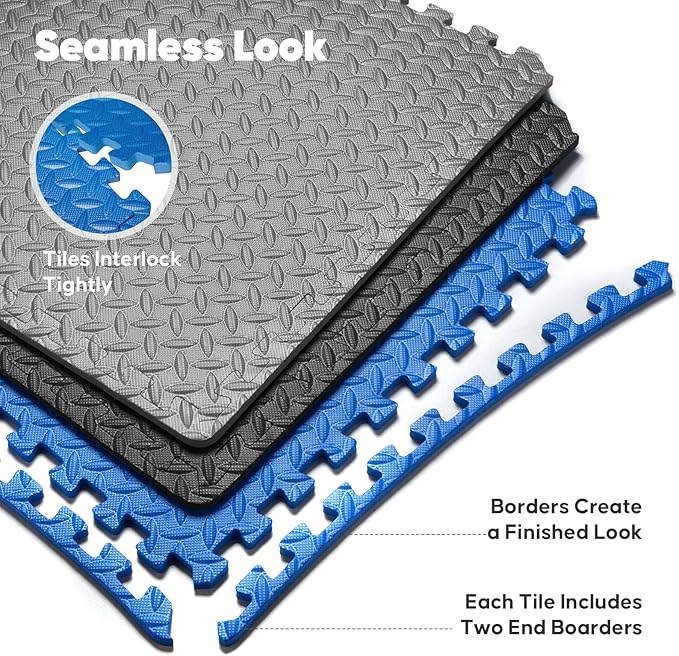 Home Gym Mat, Puzzle Exercise Mat, EVA Interlocking Foam Floor Tiles for Home Workout Equipment and Kids' Play Areas - Blue, 24 in x 24 in x ½ in - (Grey, 24 Pack, 96 SQ FT)