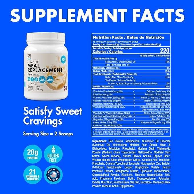 Yes You Can! Meal Replacement Shake - 20G Protein, 5G Fiber, 21 Vitamins & Minerals - Meal Replacement Protein Powder - Complete All-in-One Nutrition - 15 Servings (Vanilla) - 2 Pack