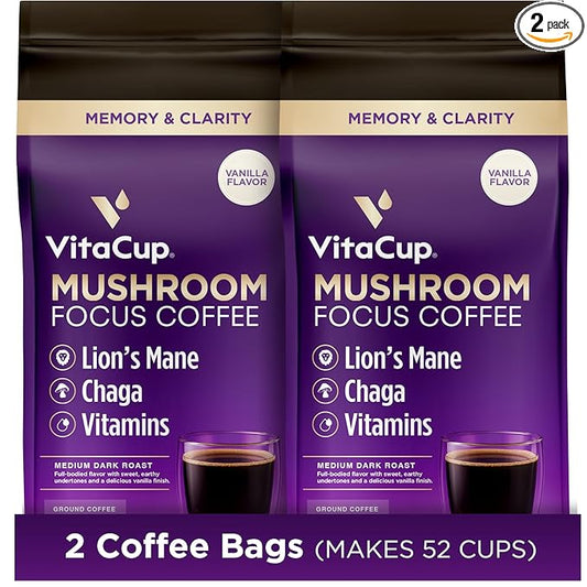 VitaCup Focus Mushroom Coffee Grounds, Vanilla Flavored Coffee with Lions Mane, Chaga, B Vitamins, D3, Boost Focus, Immunity, Memory & Clarity, Medium Dark Roast, 100% Arabica Specialty, 2 bags, 10 oz each