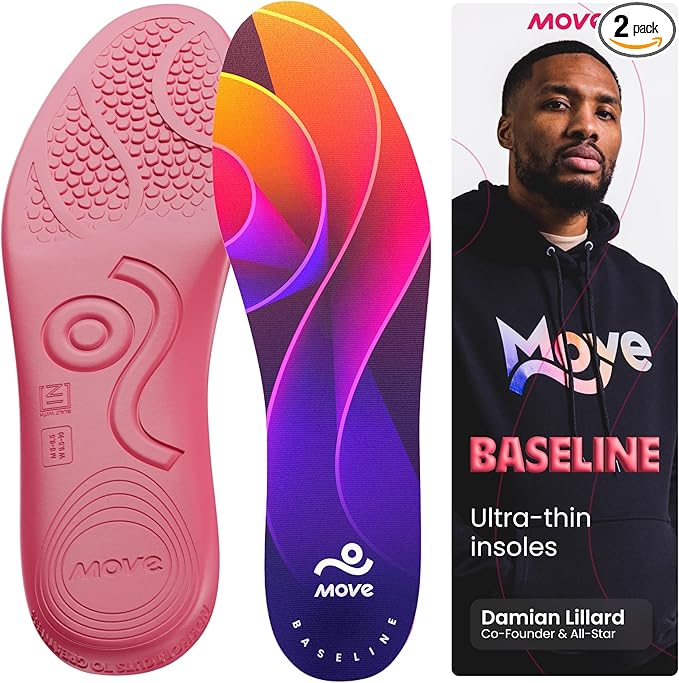 MOVE Baseline - All-Purpose Insoles - Sock Liner - Ultra Thin Shock Absorption - Maximum Freedom of Movement and Energy Return for Cleats, Shoes, Running, Basketball, Baseball (M14-14.5/WM15.5-16)