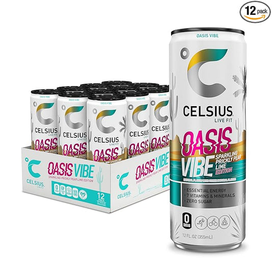 CELSIUS OASIS VIBE Sparkling Prickly Pear Lime, Sugar Free Energy Drink, 12 Fl Oz (Pack of 12)