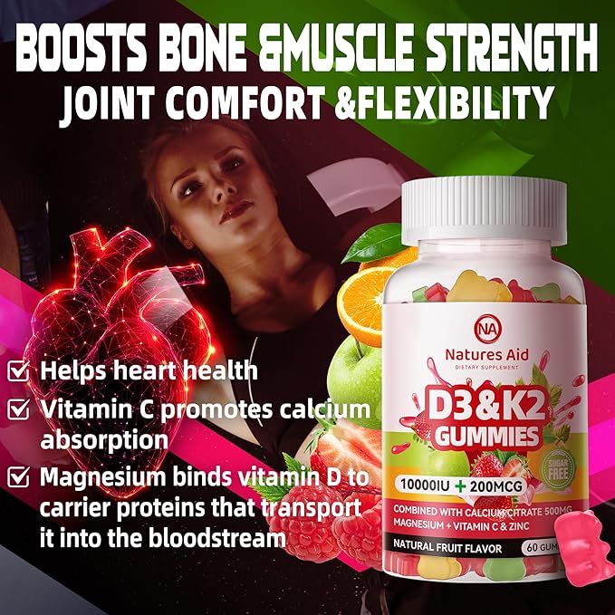 Sugar-Free Vitamin D3 K2 Gummies with Calcium + K2 (MK-7), Magnesium Citrate, Vitamin C, Extra Strength - Ultimate Absorption for Bone Muscle Teeth Immune, Vegan - 60 Gummies