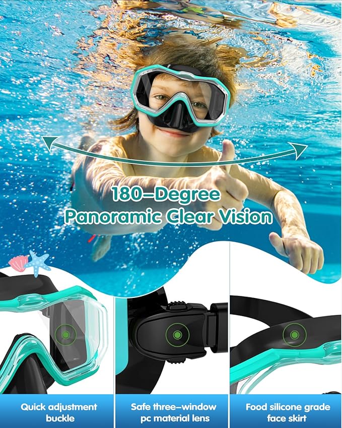 W WSTOO Kids Swim Goggles with Nose Cover,Snorkel Diving Swimming Mask for Youth 5-15,HD 3-Window Wide Vision Anti-Shattered Lens Anti-Fog&Leak