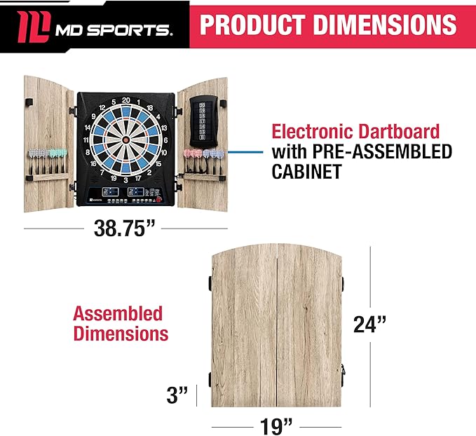 MD Sports Dartboard Cabinet Multiple Styles Electronic Dartboard With Digital X/O Cricket Scorekeeping and Dart Set, Perfect for Cricket Games
