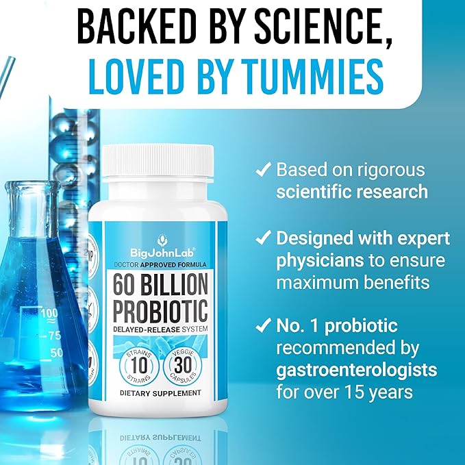 BIGJOHNLAB® Probiotics 60 Billion CFU – 10 Strains + Organic Prebiotics – Immune, Digestive & Gut Health – Supports Occasional Constipation, Diarrhea, Gas & Bloating – for Women & Men – 30ct