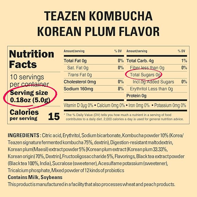 TEAZEN Kombucha Tea, Japanese Apricot Flavor, Zero Sugar, Sparkling Fermented Powdered Mix Beverage from Korea, Live Probiotics & Prebiotics, 10 Sticks, 1.76oz