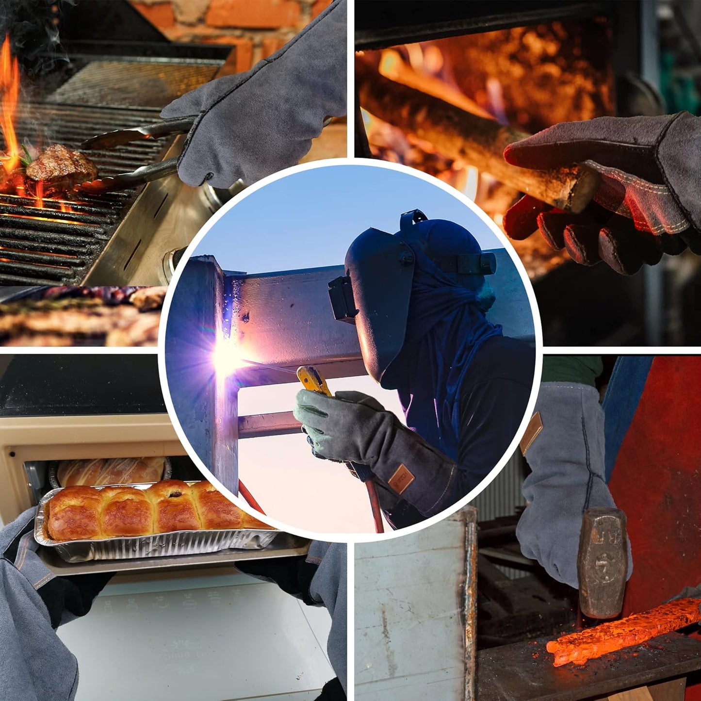 14 Inches,932℉,Leather Welding Gloves small, Heat/Fire Resistant,Small Mitts for BBQ,Oven,Grill,Fireplace,Tig,Mig,Forge,Baking,Furnace,Stove,Pot Holder,Animal Handling Glove.S Black-gray