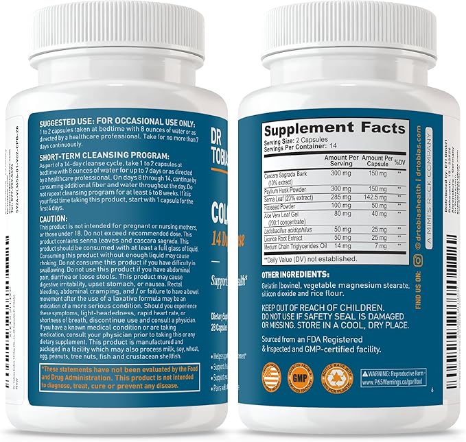 Dr. Tobias Colon 14 Day Cleanse, Advanced Gut Cleanse Detox for Women & Men with Cascara Sagrada, Psyllium Husk, Senna Leaf & Probiotics, Non-GMO Colon Cleanse, 2 Bottles of 28 Capsules (1-2 Daily)