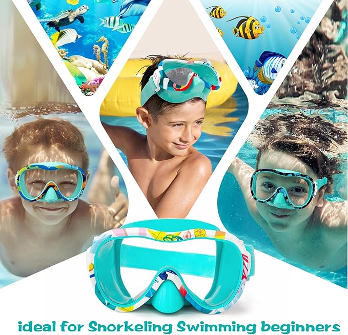 Kids Swim Goggles with Nose Cover, 180° Panoramic Snorkel Mask with Anti-Fog & Anti-Leak Design, Comfort Fabric Strap UV Protection Lens for Boys Girls Ages 3-15