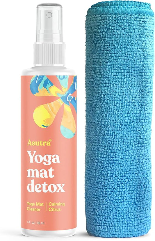 ASUTRA Yoga Mat Cleaner Spray (Calming Citrus), 4 fl oz - No Slippery Residue, Organic Essential Oils, Deep-Cleansing for Fitness Gear & Gym Equipment, Microfiber Towel Included