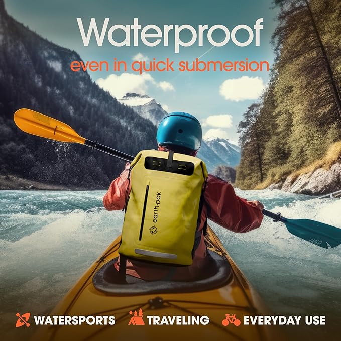 Earth Pak Waterproof Backpack - Heavy Duty Hiking Backpack - Roll-Top Closure - Waterproof Bag - Cushioned Dry Bags Waterproof w/ IPX8 Waterproof Phone Case - Wet Bag for Hiking, Kayak