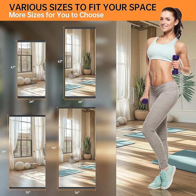 Hasipu 79''x35'' Home Gym Mirror Large Full Length Wall Mounted Full Body Mirror for Yoga Dance Fitness Exercise Studio Bedroom Garage, Frameless Tempered Glass Workout Mirrors Black Rectangular