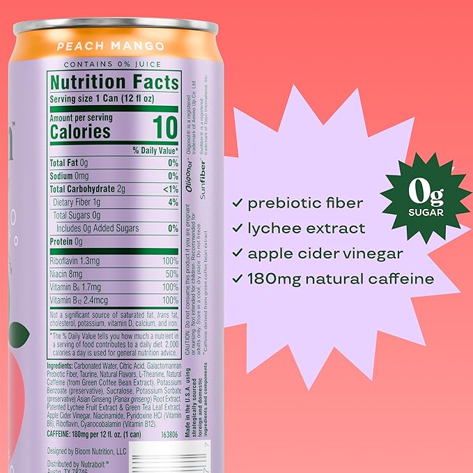 Bloom Nutrition Sparkling Energy Drink - Natural Caffeine, Zero Sugar, 180mg Caffeine - Antioxidant-Rich w/Green Coffee Bean, Green Tea Extract, Prebiotics - 12oz 12 pk