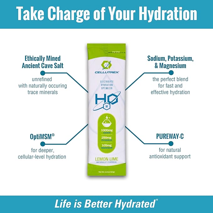 Cellutrex® H2O Electrolytes – Electrolyte Powder Drink Mix, Zero Sugar, Natural Salt Hydration Packets for Recovery and Wellness, Lemon Lime, 20 Sticks