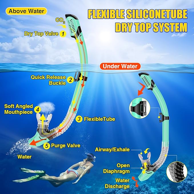 Snorkeling Gear, Dry Snorkel Set180° Panoramic Wide View,Anti-Fog Scuba Diving Mask, Professional Snorkeling Gear for Free Breathing, Swimming, Diving