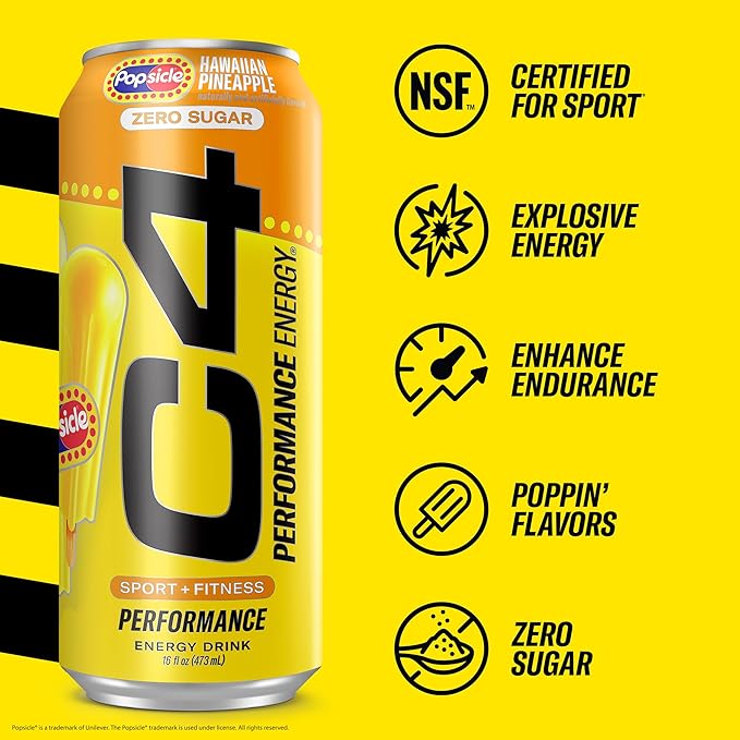 Cellucor C4 Energy Drink x Hawaiian Pineapple Popsicle, Carbonated Sugar Free Pre Workout Performance Drink with no Artificial Colors or Dyes, 16 Oz, Pack of 12