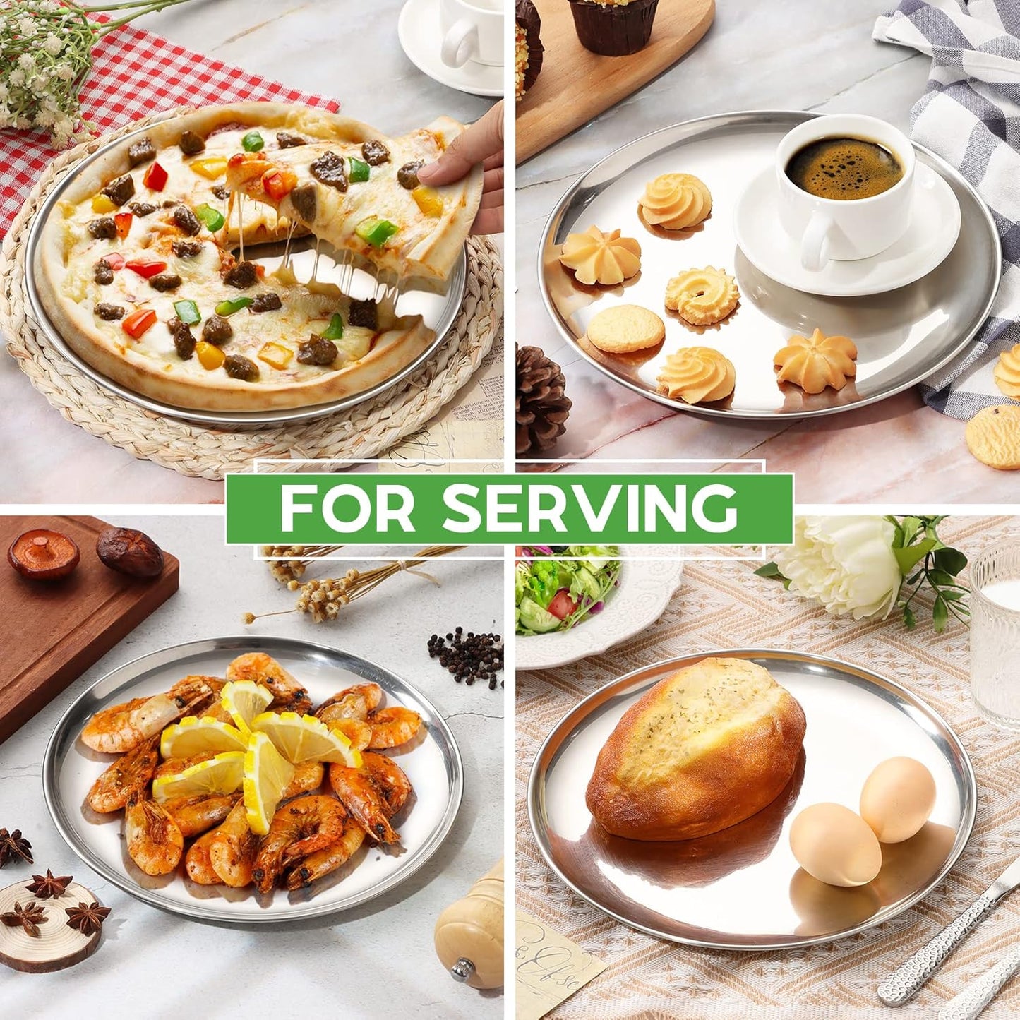 P&P CHEF 10 Inch Pizza Pan, Stainless Steel Round Pizza Tray Baking Pans, Pizzas Plate Serving Tray for Cookie Meat, Oven & Dishwasher Safe & Easy Cleaning, (Mirror Finish) - 3 Pieces