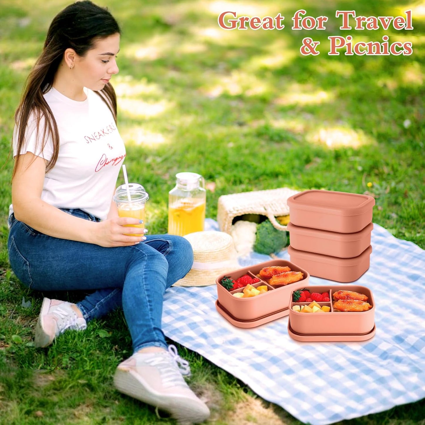 Honeydak 4 Pcs Silicone Bento Lunch Box 3 Compartment Reusable Leakproof Silicone Bento Lunch Container for Adults Microwave Dishwasher Freezer Safe(Orange)