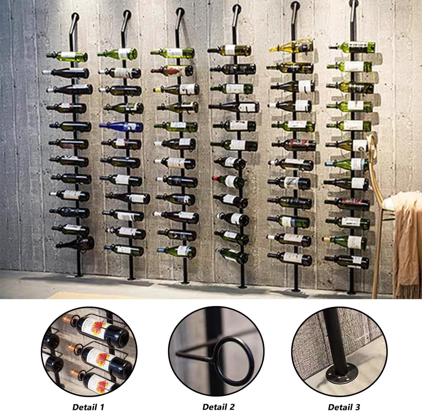Wine Rack Wall Mounted, 72.8in High Metal Wine Bottle Holder for 12 Bottles, Kitchen Organization and Wine Storage for Commercial Restaurants Pantry Bar Wine Cellar (Gold, Two rows-24 Bottles)
