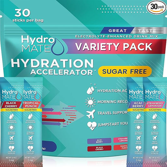Electrolyte Powder Sugar-Free Hydration Packets Variety Pack HydroMATE 30 Sticks