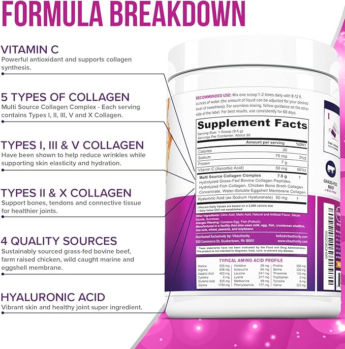 Multi Collagen Peptides Powder for Women - Hydrolyzed Flavored Collagen Powder for Women with Types I II III V & X Vitamin C & Hyaluronic Acid for Hair Skin and Nails (Peach Mango) - 30 Servings