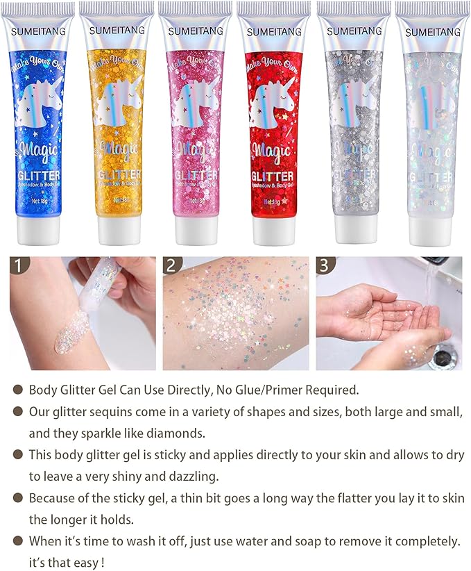 6PCS Red Face Body Glitter Gel,Holographic Chunky Sequins Body Glitter Paint for Party Singer Concerts Music Festival Rave Accessories for Girls Women Face Body DIY Sparkling Makeup