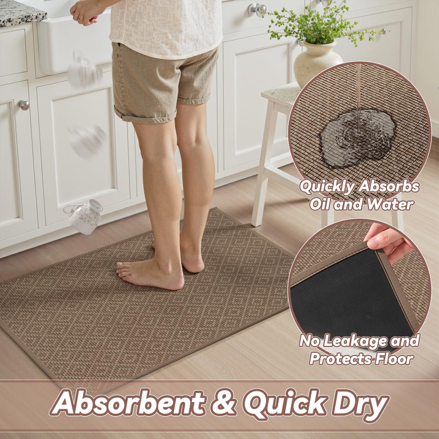 PADOOR Kitchen Floor Mat, Rubber Backed Kitchen Rugs Non Slip Washable, Super Absorbent Kitchen Mats for Floor Front of Sink, 17"x24" Brown