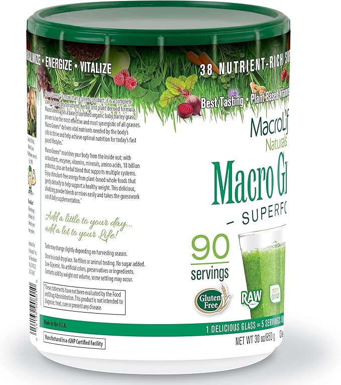 MacroLife Naturals Macro Greens Powder 38 Superfood Probiotic Antioxidant Enzyme & Herbal Supplement Immunity Energy Cleanse - Non-GMO Vegan Gluten-Free Dairy-Free - 30oz (90 Servings)