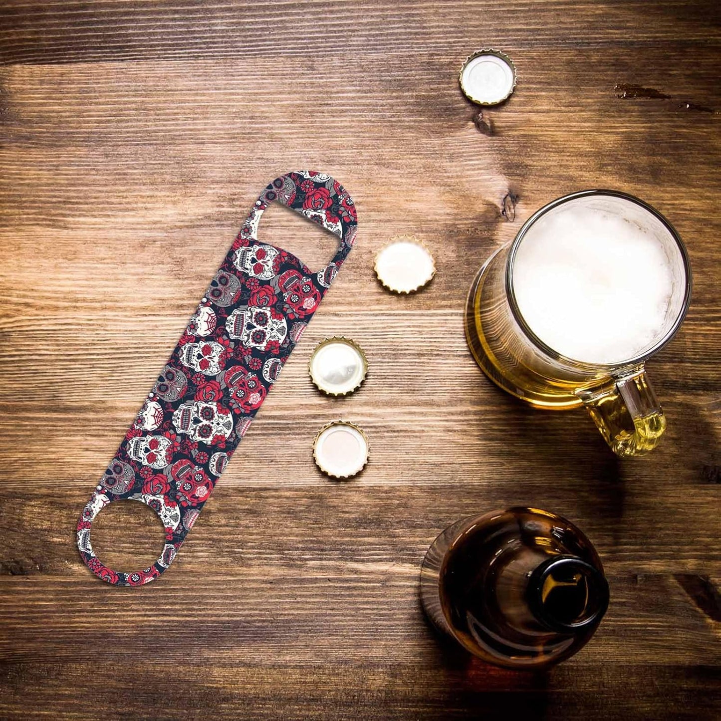 Skull and Flowers Stainless Steel Bottle Opener Day of The Dead Skull Red Peony Rock Roll Fashion Style Flat Beer Bottle Opener Keychain for Home Kitchen Bar Restaurant Party Birthday Gift