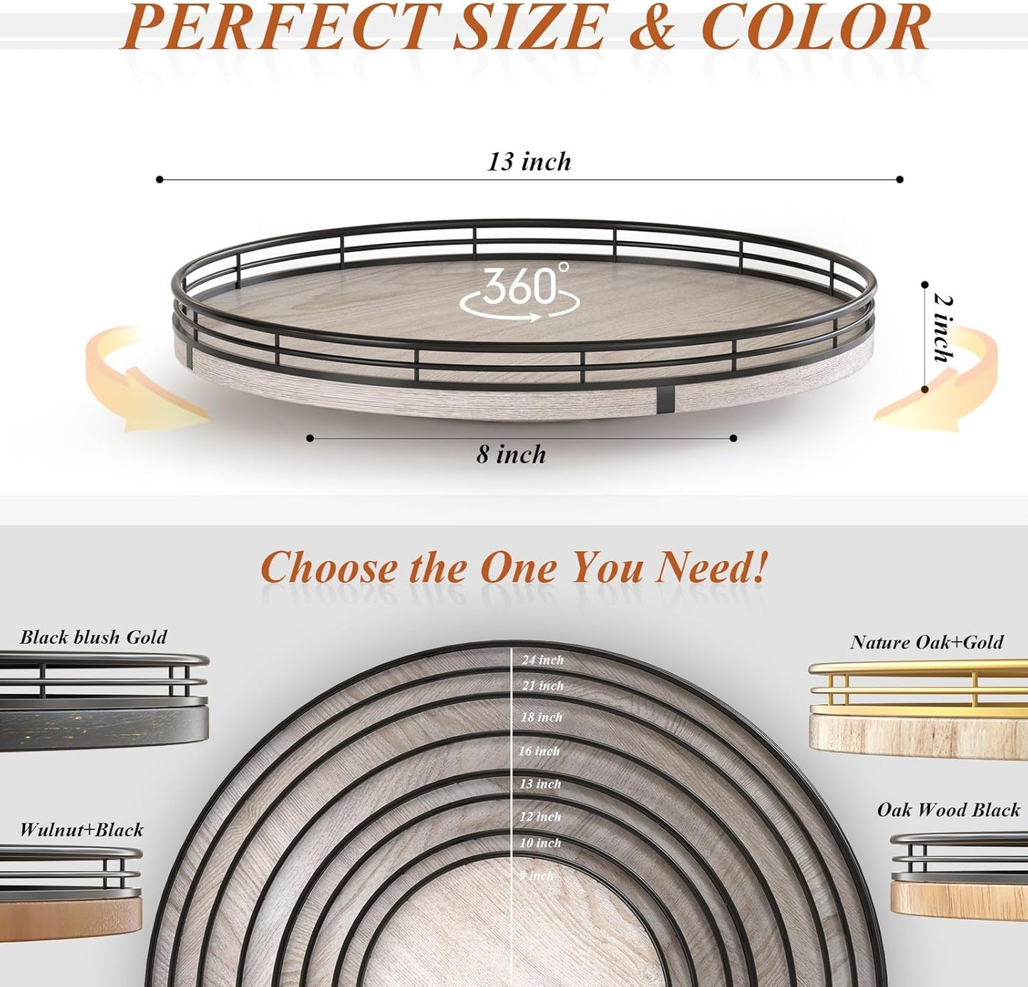 13" Oak Bathroom Vanity Tray Turntable for Perfume Candle, Round Wooden Decorative Tray for Kitchen Sink Countertop Organizer, Bathroom Counter Organizer for Skincare Makeup, Rustic White