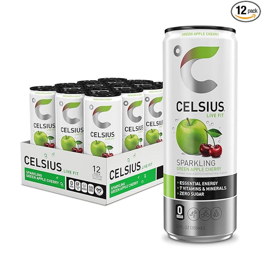 CELSIUS Sparkling Green Apple Cherry, Functional Essential Energy Drink, 12 Fl Oz (Pack of 12)