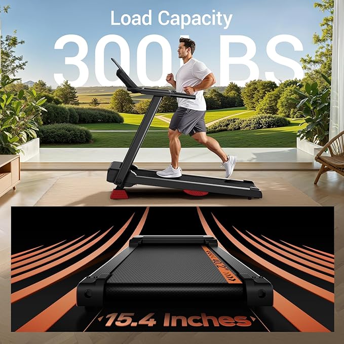 Treadmills for Home, 15% Incline Treadmill, Folding Treadmill Filpped Screen and Heart Rate Sensor, 3.0HP Quiet Brushless Dual Cushion System, 300lbs Weight Capacity