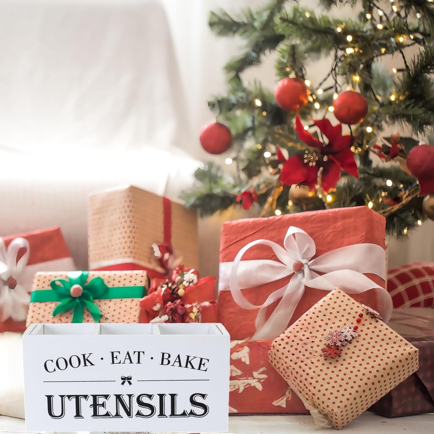 Utensil Holder,Large Wooden Utensil Holder For Kitchen Counter,Cooking Spatula Organizer,Big Storage Caddy With 3 Compartments Flatware Spoon Tool Cutlery(White)