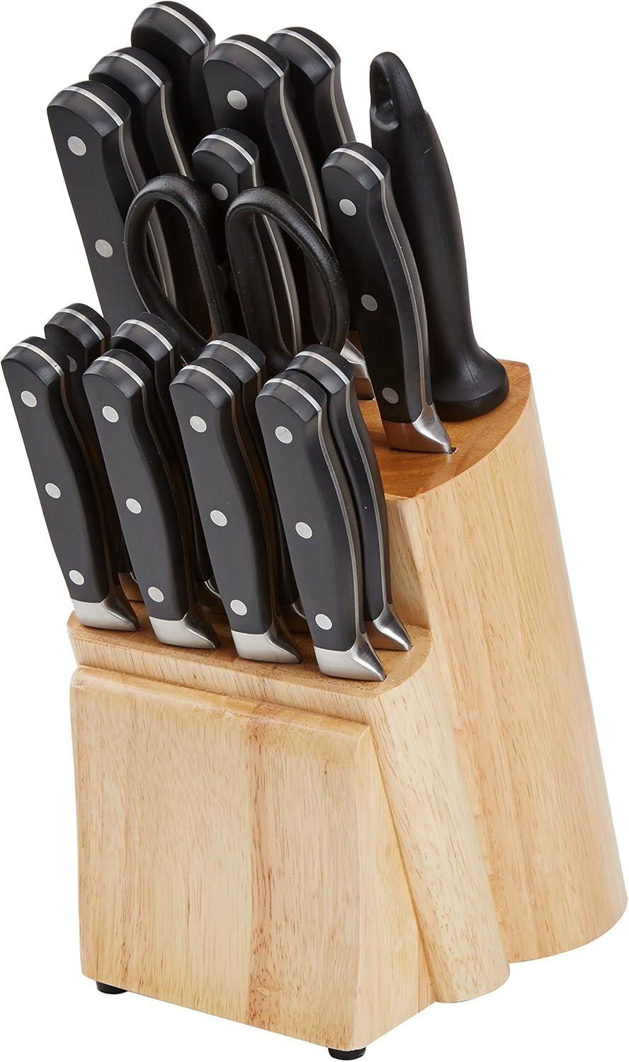 Amazon Basics 18 Pieces Premium High-Carbon Stainless Steel Blades with Pine Wood Knife Block Set,Kitchen, Black