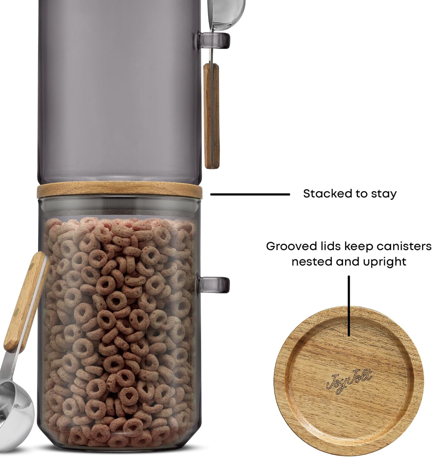 JoyJolt Holden 32oz Stackable Glass Storage Containers with Lids and Scoops, Airtight Food Canister Set of 3 w/Acacia Wood Lids, Round Stacking Pantry and Kitchen Containers w/Scoop | Smoke