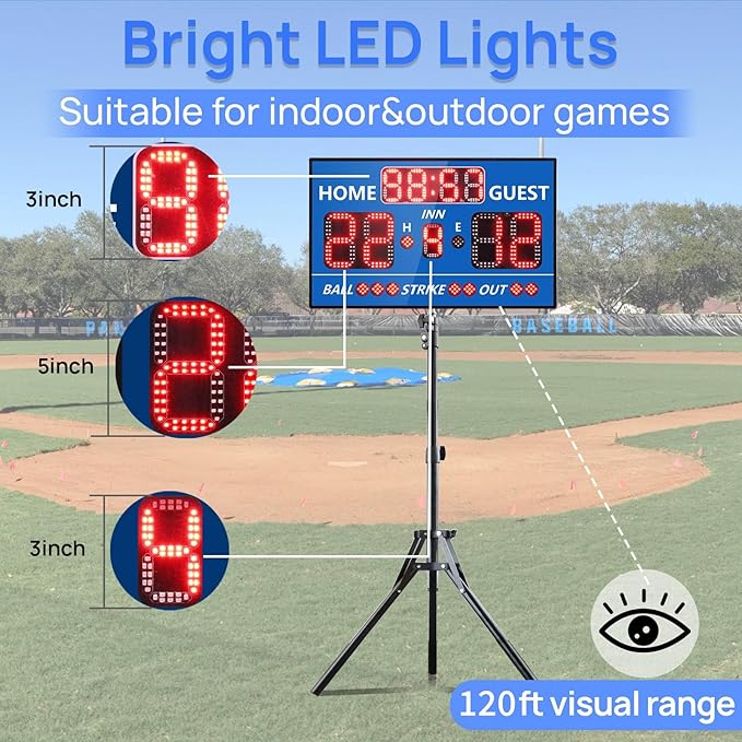 YZ Digital Baseball Scoreboard with Timer Clock, LED Outdoor Electronic Softball Scoreboard, Digital Scoreboard with Remote, Portable Baseball Scoreboard, Score Keeper with Inning/Ball/Strike/Out