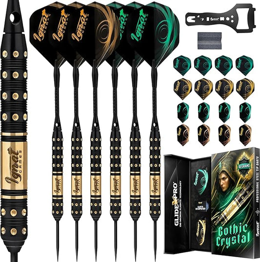 IgnatGames Premium Steel Tip Darts – 3/6/12 Pack Brass Barrels with Aluminum Shafts, 16 GlideXPro Flight Set, Tool Kit & Giftable Case