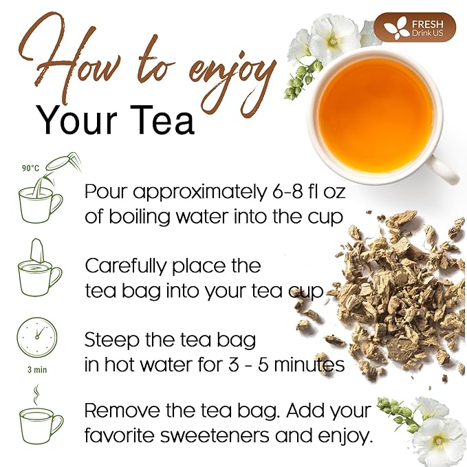 FreshDrinkUS, Premium 55 Marshmallow Root Tea Bags, 100% Natural & Pure from Marshmallow Root, Eco-Conscious Tea Bags, Marshmallow Root Herbal Tea. No Sugar, No Caffeine, No Gluten, Vegan.