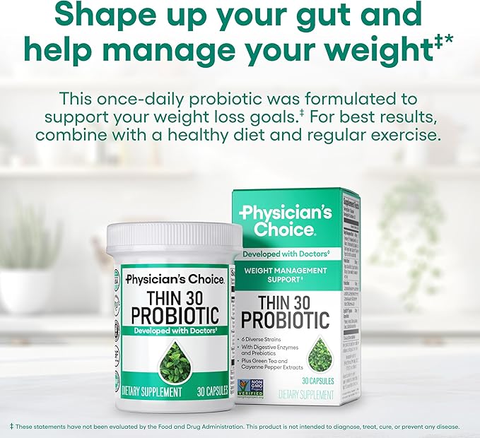 Physician's CHOICE Probiotics for Weight Management & Bloating - 6 Probiotic Strains - Prebiotics - Key ingredient Cayenne - Supports Gut Health - Weight Management for Women & Men - Green Tea - 30 CT