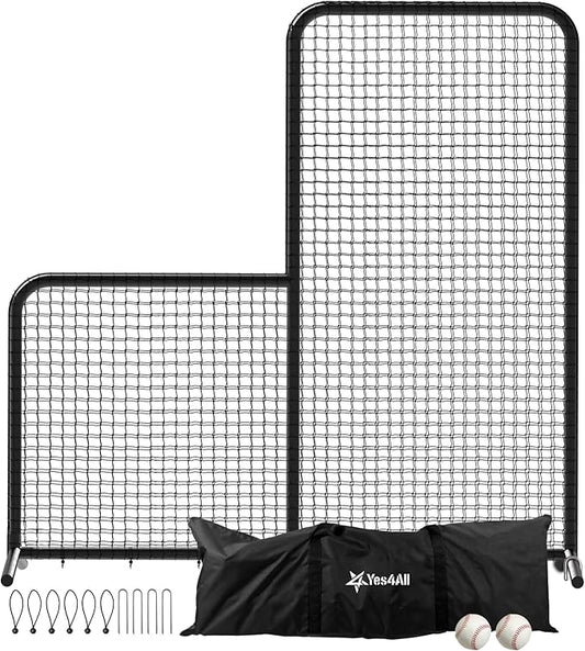 Yes4All Portable L-Screen Baseball 7x7ft with 2 Baseballs, Rubber Wheels - L Screen Baseball for Batting Cage, Protective Pitching Screen Net Double Layers, Carry Bag Included